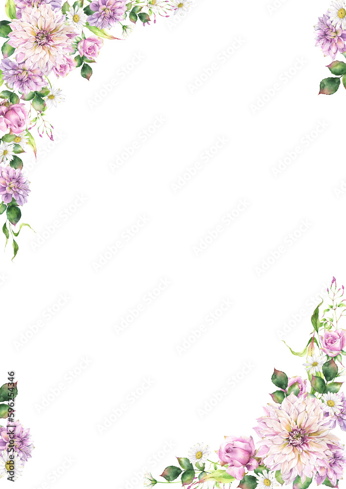 Romantic floral arrangement with dahlias, chrysanthemum, daisies, leaves and roses, greeting card and wedding invitation template Romantic floral arrangement with dahlias, chrysanthemum, daisies, leaves and roses, greeting card and wedding invitation template
