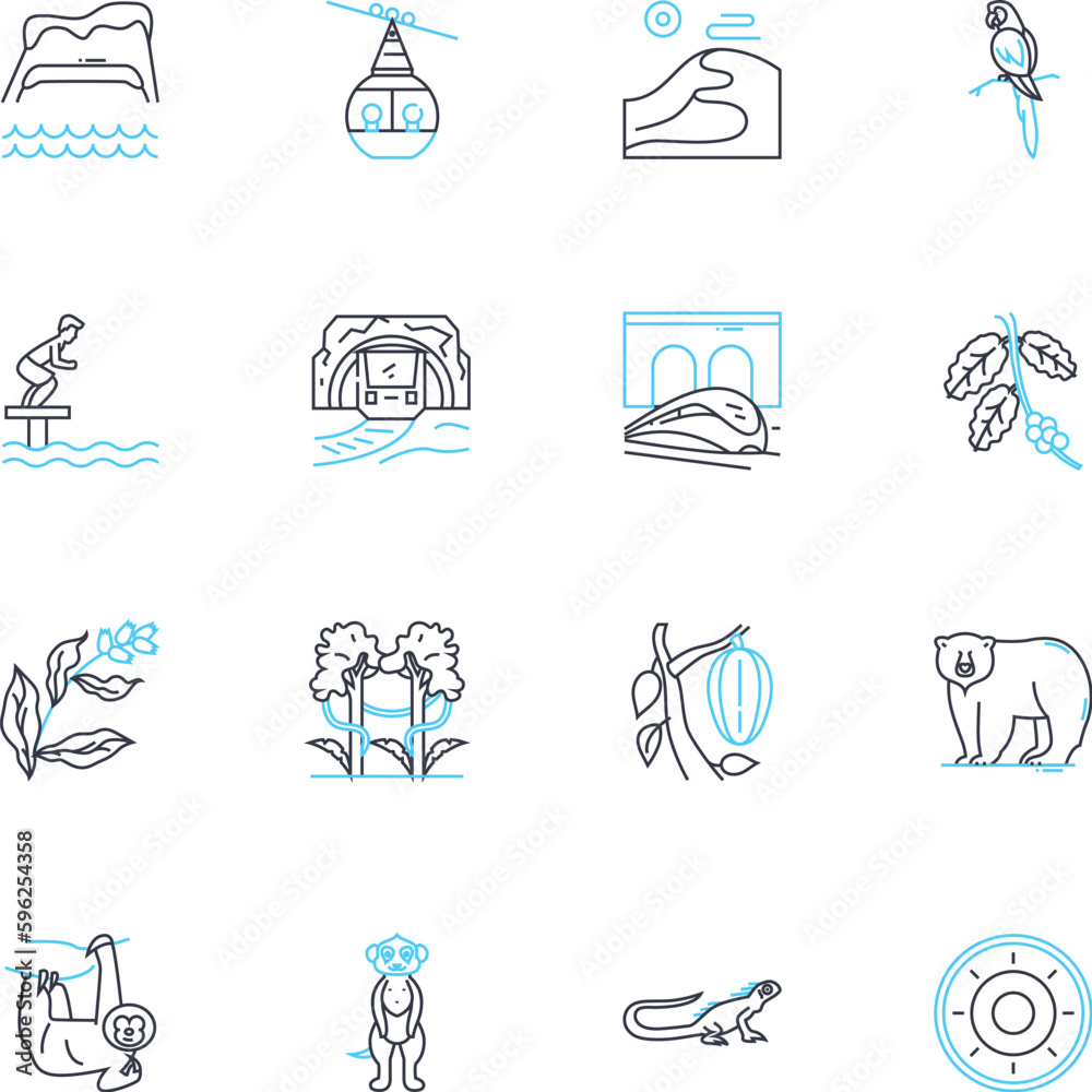 Fototapeta premium Adventure travel linear icons set. Thrill, Expedition, Exploration, Adrenaline, Trekking, Excursion, Safari line vector and concept signs. Quest,Explore,Challenge outline illustrations