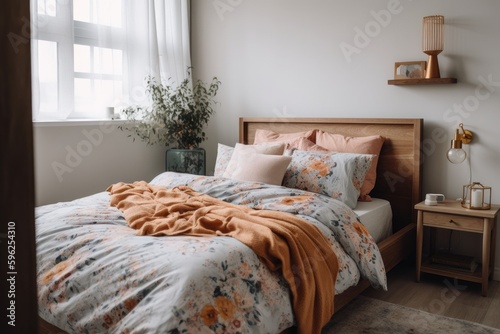 Serene Bedroom with Colorful Accents and Floral sheets, Generative AI