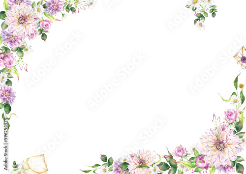 Rectangular romantic frame with transparent background, floral composition, watercolor illustration and design, premade blossom arrangement