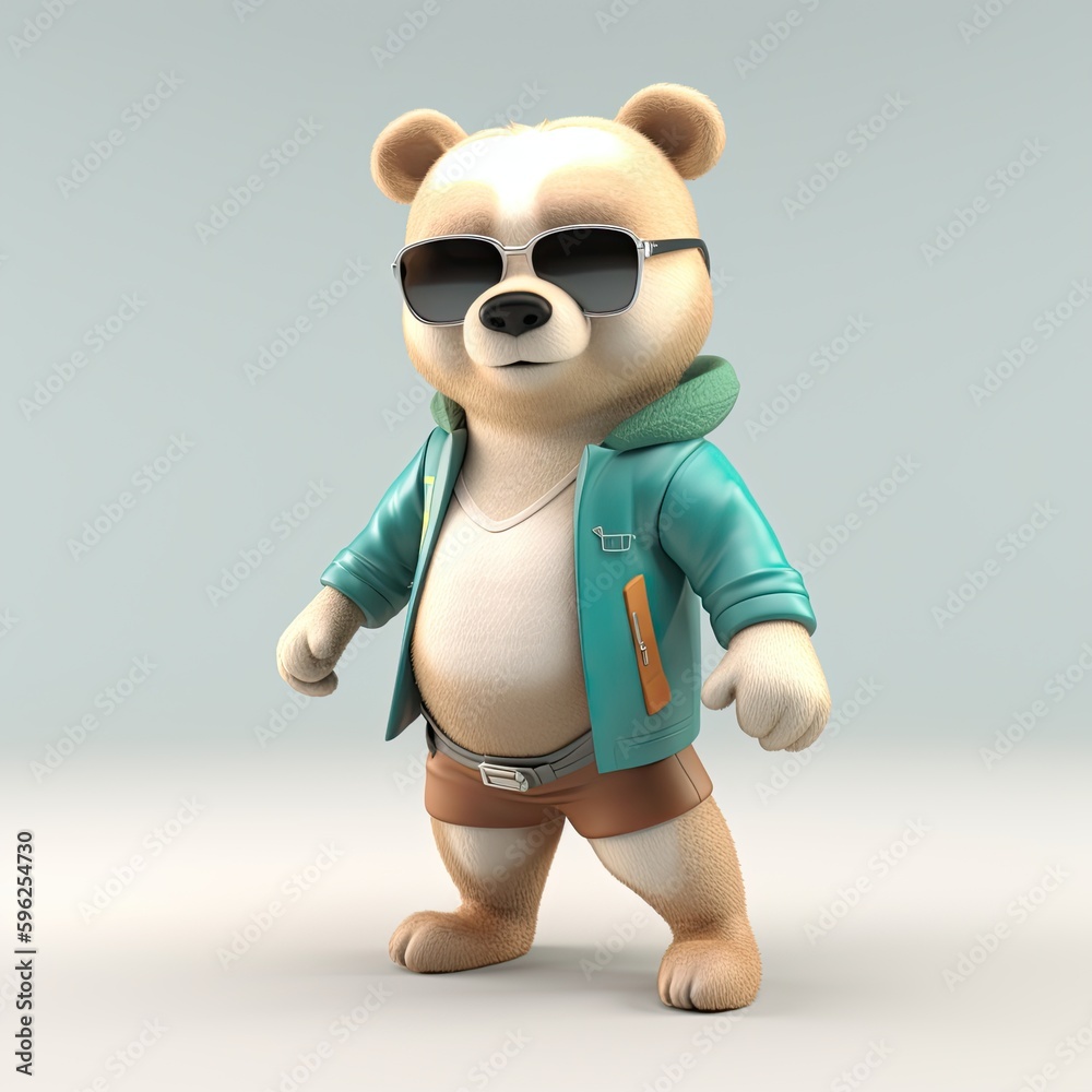 Fototapeta premium Joyful, stylish 3D bear character with full body, donning apparel and shades, against a backdrop. Generative AI