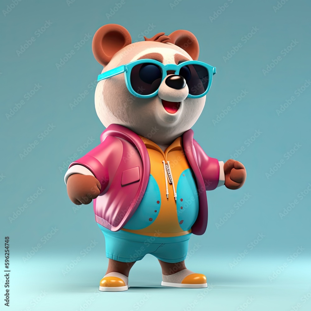 Naklejka premium Joyful, stylish 3D bear character with full body, donning apparel and shades, against a backdrop. Generative AI