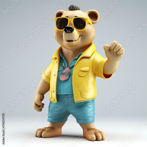 Joyful, stylish 3D bear character with full body, donning apparel and shades, against a backdrop. Generative AI