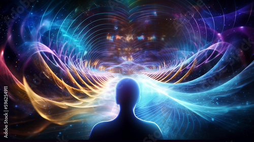 Male silhouette surrounded with psychic energy waves. Art concept with a dream like enviroment.