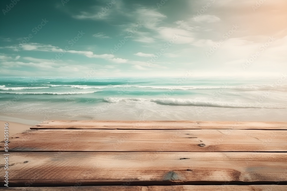 Wooden Table at the Beach Product Background: Light Teal and Beige in Ethereal Seascapes - Generative AI Wooden Table at the Beach Product Background: Light Teal and Beige in Ethereal Seascapes - Generative AI