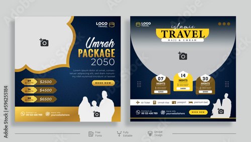 Set of social media template with navy blue gold luxury background for Hajj and Umrah
