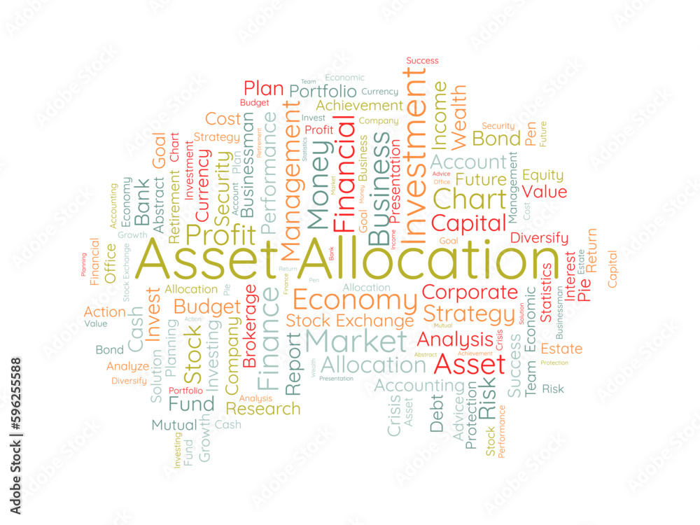 Word cloud background concept for Asset allocation. Money management, financial market strategy of business analysis. vector illustration.