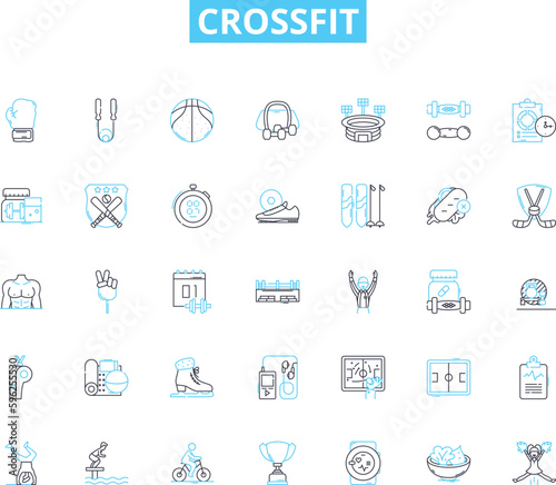Crossfit linear icons set. WOD, Box, Reps, AMRAP, EMOM, Kipping, Intensity line vector and concept signs. Muscle-ups,Thrusters,Cleans outline illustrations
