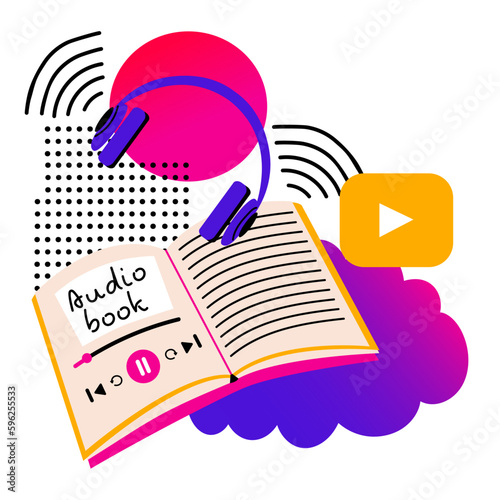 Audiobook. Doodles. Wireless headphones. Concept of online learning. Internet library. Abstract cute geometric elements. Vector illustration