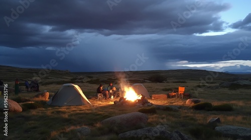Camping under open sky and roasting marshmallows. AI generated