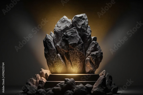 stone podium with warm light, empty display stage generative ai