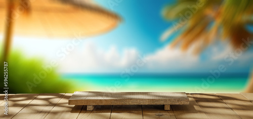 Wooden desk of free space and summer landscape of beach with sea 
