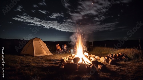 Camping under open sky and roasting marshmallows. AI generated