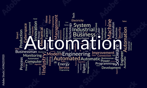 Word cloud background concept for automation. Electronic software industry, engineering production system of cloud control innovation. vector illustration.