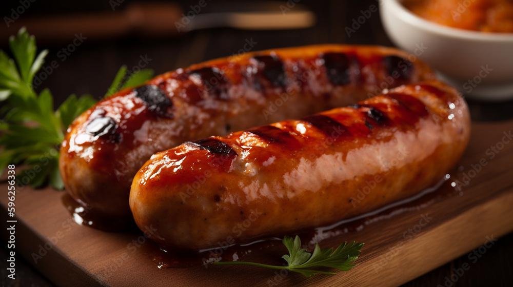 Leckere gegrillte Rost Bratwürste frisch serviert Nahaufnahme im Querformat, ai generativ Leckere gegrillte Rost Bratwürste frisch serviert Nahaufnahme im Querformat, ai generativ