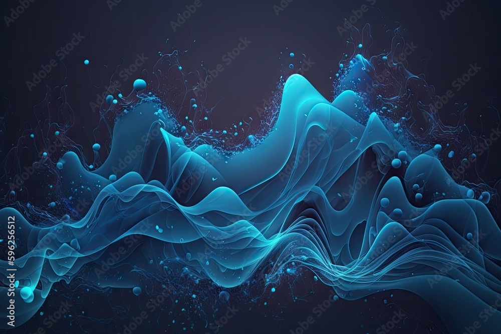 blue abstract liquid wave background with floating objects and ...