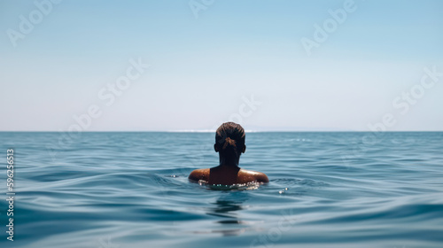 black girl swims in the sea back view generative ai
