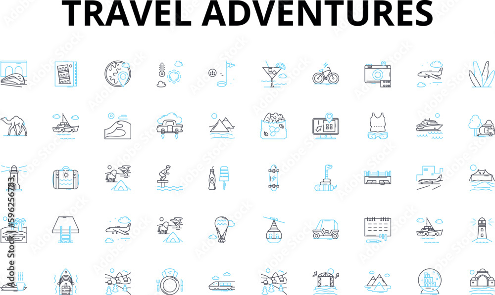 Travel adventures linear icons set. Exploration, Expedition, Journeys, Odyssey, Trekking, Voyages, Escapades vector symbols and line concept signs. Wanderlust,Roaming,Expeditionary illustration Travel adventures linear icons set. Exploration, Expedition, Journeys, Odyssey, Trekking, Voyages, Escapades vector symbols and line concept signs. Wanderlust,Roaming,Expeditionary illustration