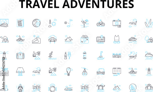 Travel adventures linear icons set. Exploration, Expedition, Journeys, Odyssey, Trekking, Voyages, Escapades vector symbols and line concept signs. Wanderlust,Roaming,Expeditionary illustration