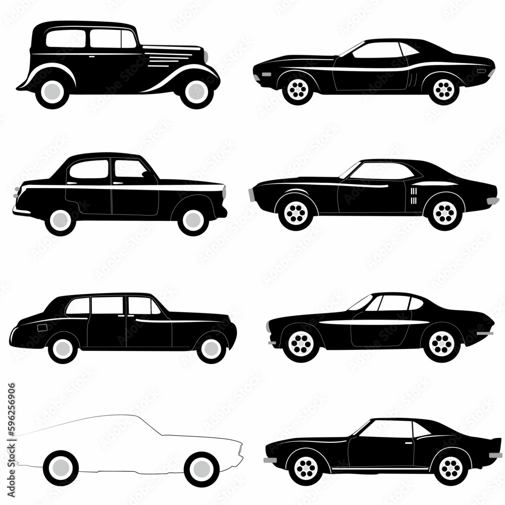 classic car side silhouette set, retro, white background