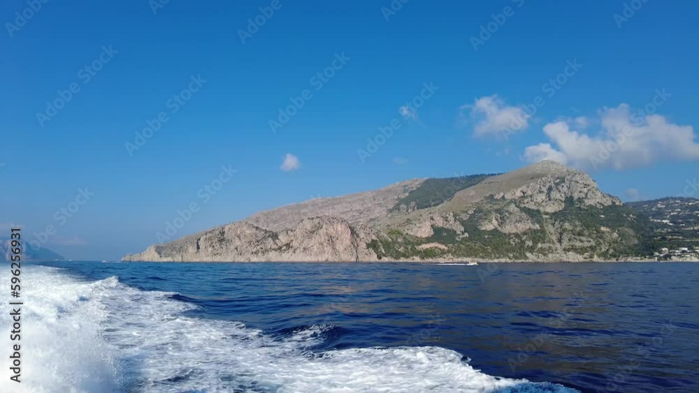 Scenic View Of Amalfi Coast Seen From Ferry Boat Cruising In The Blue Sea In Italy. - POV wide Scenic View Of Amalfi Coast Seen From Ferry Boat Cruising In The Blue Sea In Italy. - POV wide