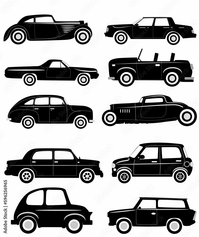 classic car side silhouette set, retro, white background