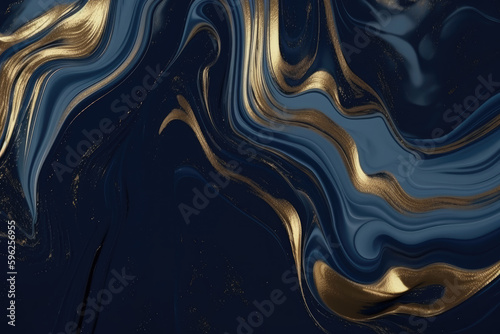 Liquid Swirls in Beautiful Navy Blue colors, with Gold Powder. Luxurious Design Wallpaper.