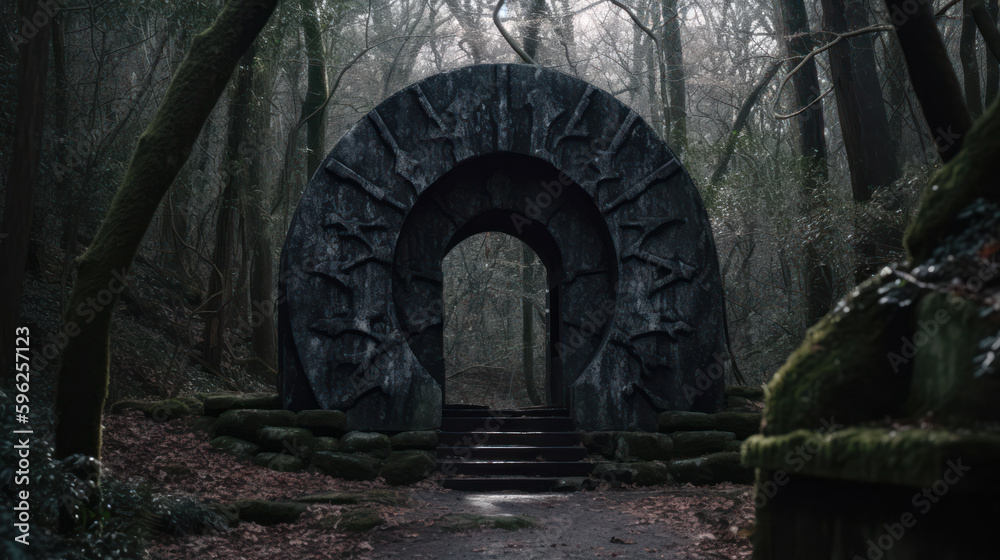 stone arch in the mystical forest generative ai