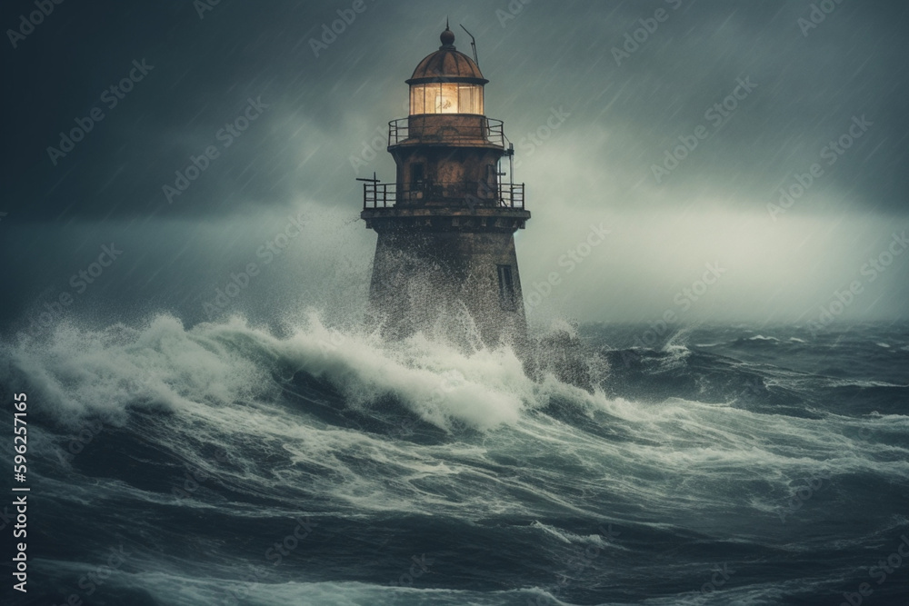 Lighthouse in a storm with a stormy sky in the background Generative ai