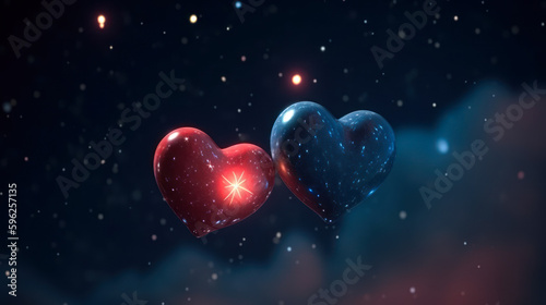 2 hearts on starry night sky background, symbol love generative ai