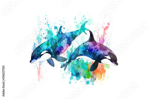 killer whales are drawn with multi-colored watercolors isolated on a white background. Generated by AI