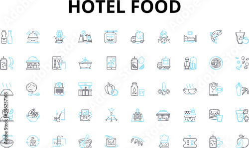 Hotel food linear icons set. Gourmet, Fusion, Buffet, Organic, Locally-sourced, Seasonal, International vector symbols and line concept signs. Culinary,Fresh,Delectable illustration