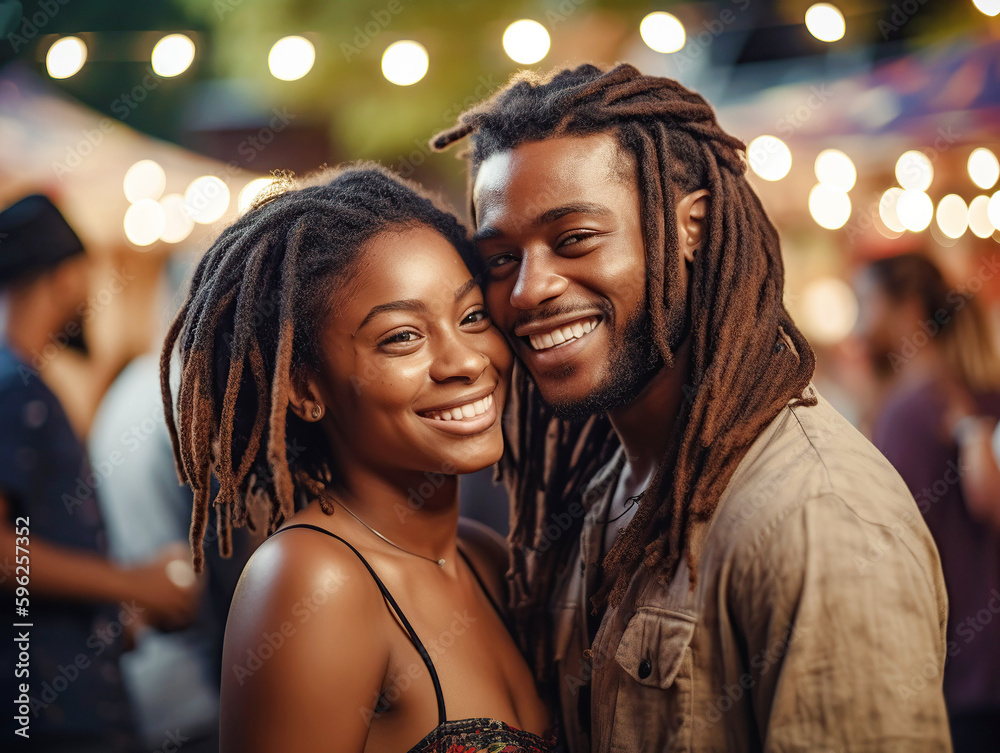 Happy young black couple in backyard at party together, summer, evening. Generative AI.
