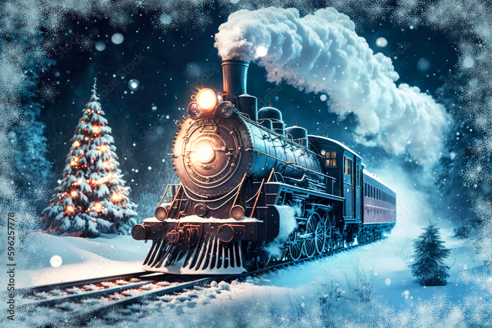 Old steam locomotive driving at night through a dreamlike snowy forest at christmas time, Generative AI - obrazy, fototapety, plakaty 