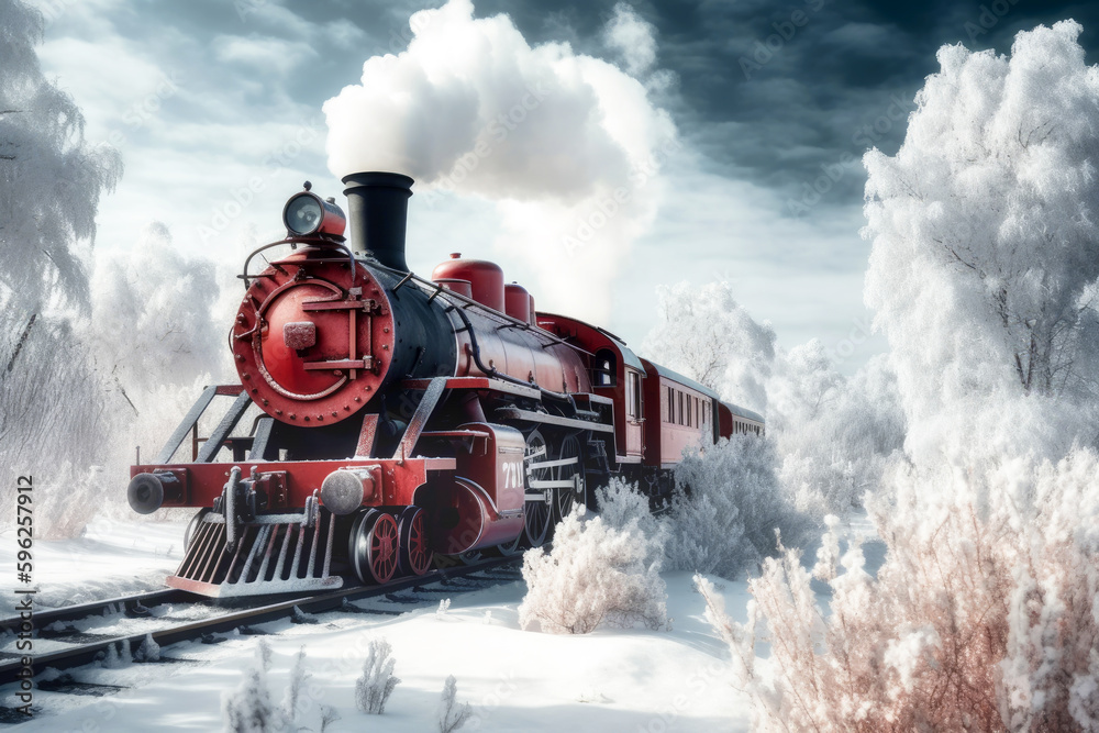 Old steam locomotive driving through a dreamlike snowy forest at christmas time, Generative AI