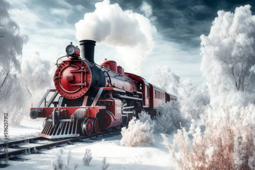 Old steam locomotive driving through a dreamlike snowy forest at christmas time, Generative AI