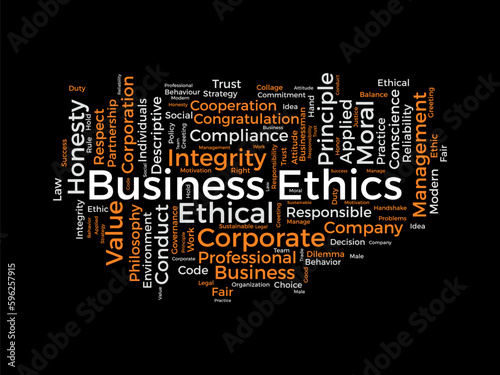 Word cloud background concept for Business Ethics. Corporate integrity, Company principle moral trust of responsibility value. vector illustration.