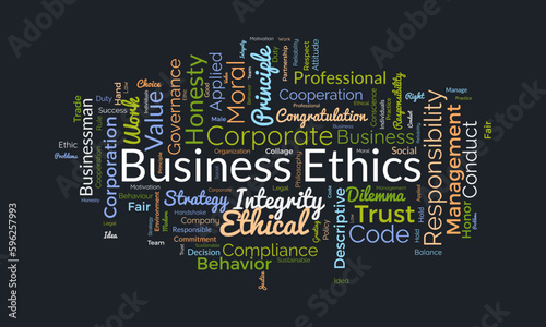 Word cloud background concept for Business Ethics. Corporate integrity, Company principle moral trust of responsibility value. vector illustration.