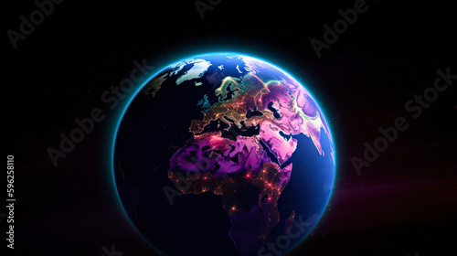 colorful planet earth view from space purple glowing light generative ai © Poter
