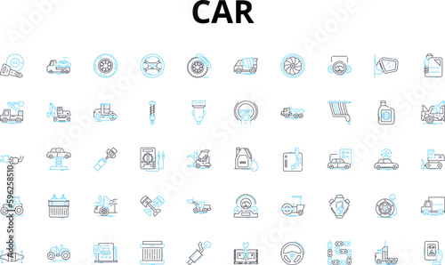 Car linear icons set. Engine, Steering, Transmission, Fuel, Suspension, Brakes, Acceleration vector symbols and line concept signs. Cruise,Power,Torque illustration