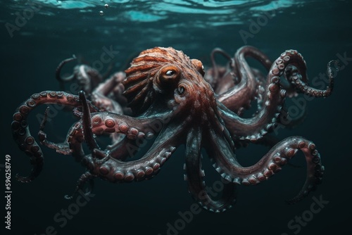 An aquatic creature with tentacles floating in the ocean. Generative AI © Elara