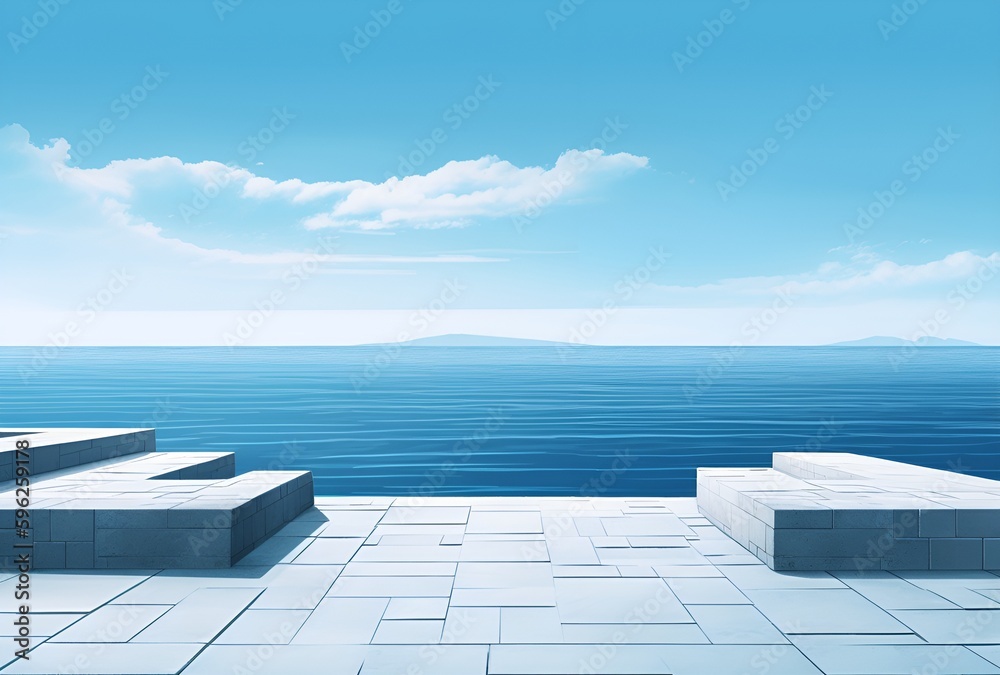 Water Background with White Concrete Block and Blue Sky - Generative AI