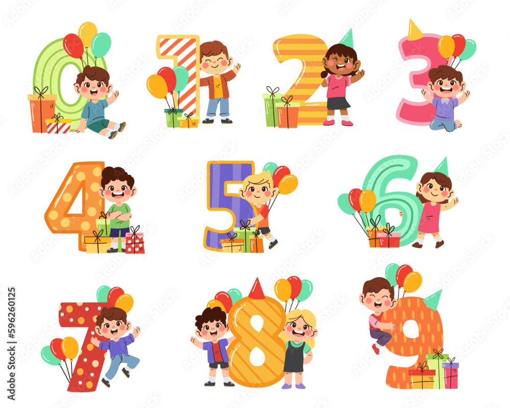 Set of birthday character with number hand drawn illustration