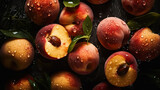 Fresh ripe peaches with water drops background. Fruits backdrop. Generative AI