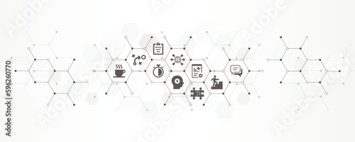 productivity banner with the website icons and symbol of efficiency, work and workflow improvement or optimization, increase in output or getting things done. Design banner of concept for production