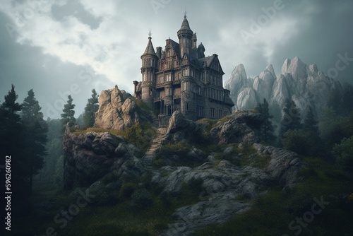 Digital illustration of sinister castle in valley creating eerie mood. Generative AI