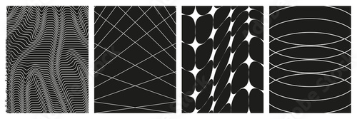 Set of geometry wireframe grid backgrounds in white color on black background. 3D abstract posters, patterns, cyberpunk elements in trendy psychedelic rave style. 00s Y2k retro futuristic aesthetic.