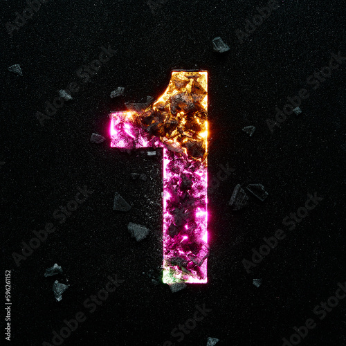 High quality photo of multicolored gradient neon colors number one on black textured background with black stones.