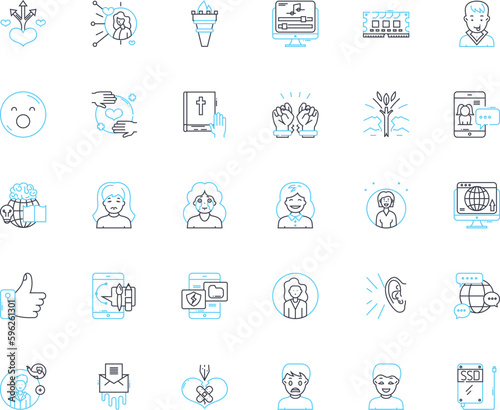 Social Media linear icons set. Connection, Engagement, Community, Visibility, Awareness, Influencer, Viral line vector and concept signs. Analytics,Hashtag,Comments outline illustrations