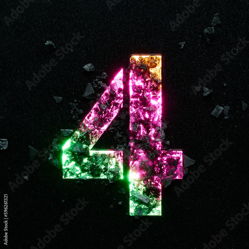 High quality photo of multicolored gradient neon colors number four on black textured background with black stones.